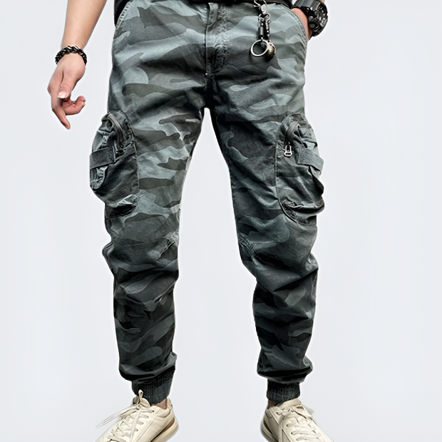 Man wearing blue cargo pants baggy multiple pockets on both sides