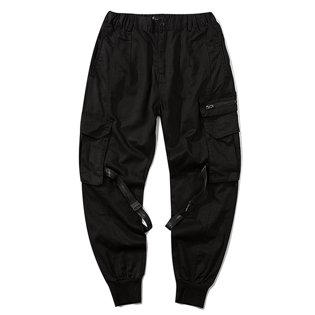 Unisex wearing black cargo pants with straps