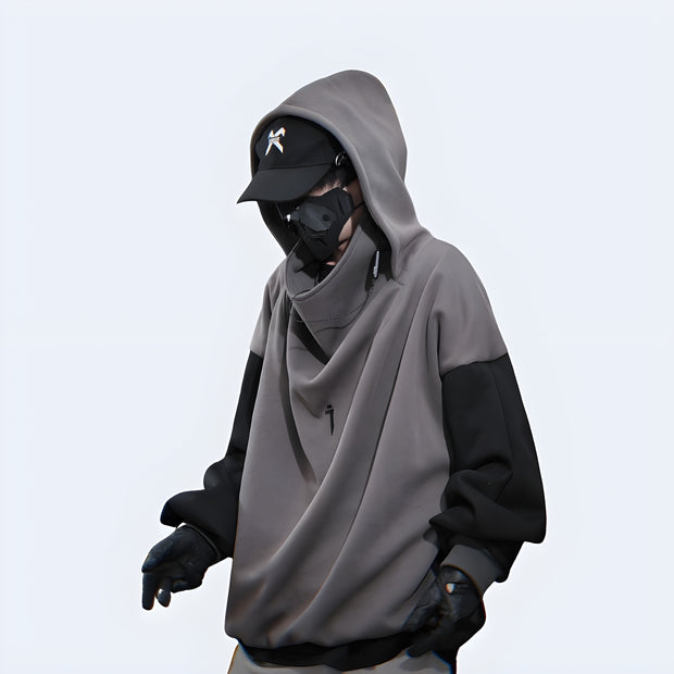 Grey cyberpunk-style hoodie, front view, futuristic streetwear design, perfect for urban fashion enthusiasts.