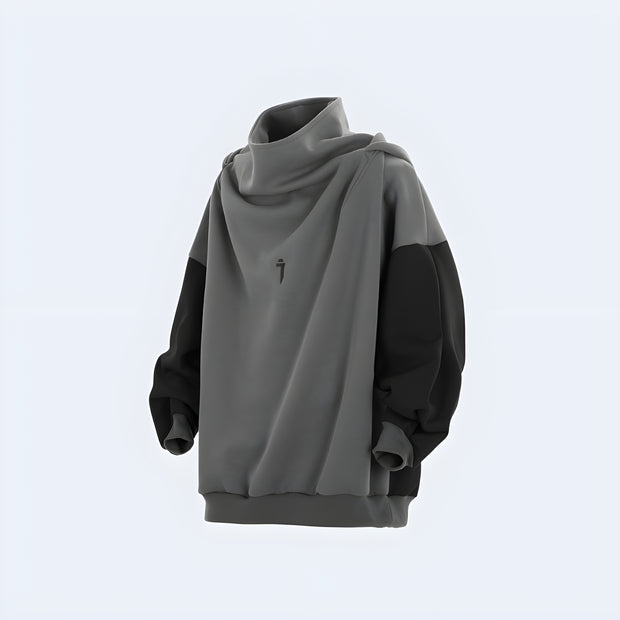 Grey cyberpunk-style hoodie, futuristic streetwear apparel, ideal for modern urban looks.