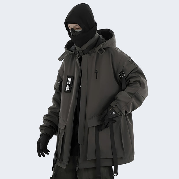 Man wearing grey hypebeast techwear jacket multiple pockets