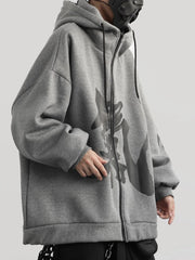 Man wearing grey japanese kanji jacket with hood
