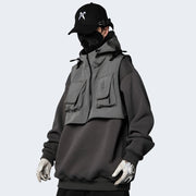 Man wearing grey tech fleece hoodie big pocket on the front