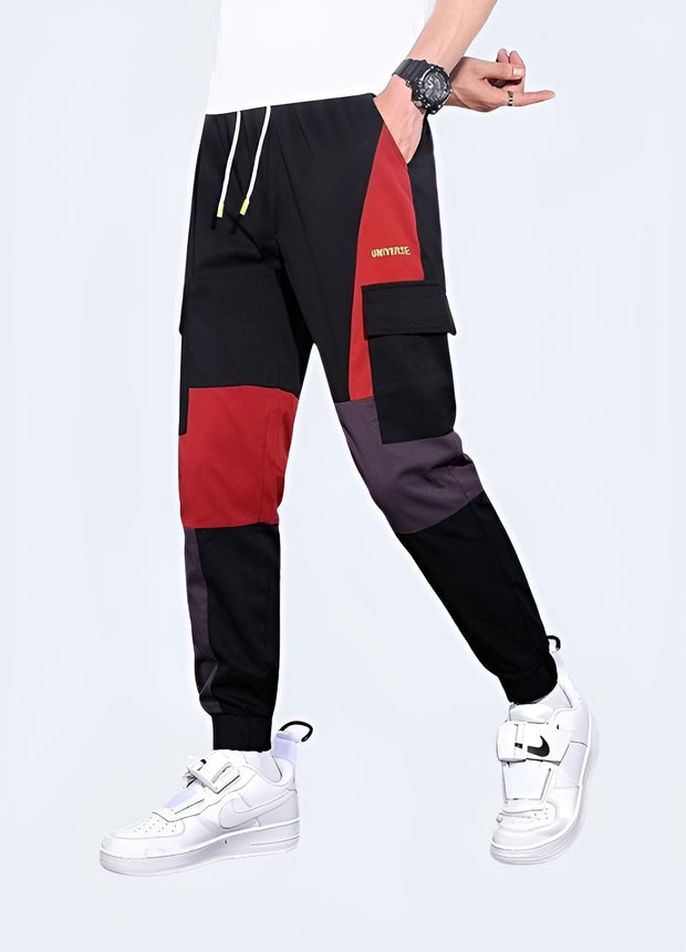 Unisex wearing red techwear pants adjustable straps