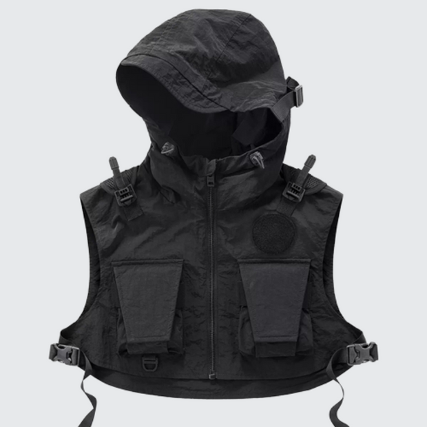 Hooded short vest zipper closure three-dimensional pockets