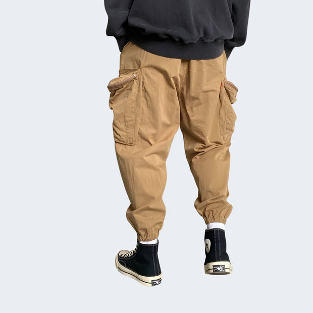 Khaki Baggy Pants elastic waistband techwear aesthetic
