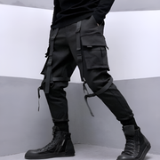 Man wearing black cyberpunk cargo pants buckle Straps