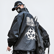 Man wearing black biohazard jacket print on the back