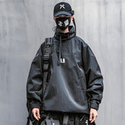 Man wearing black biohazard jacket zipper closure