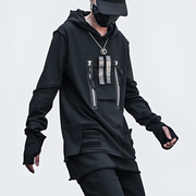 Man wearing black cyberpunk samurai hoodie zipper Patchwork Hoodie
