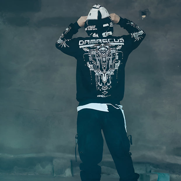 Man wearing black modern cyberpunk style print hoodie