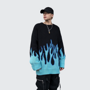 Man wearing black sweater with blue flame