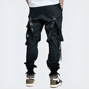 Black techwear buckle cargo pants adjustable straps back view