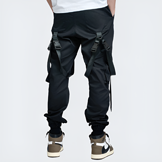 Black techwear buckle cargo pants adjustable straps back view