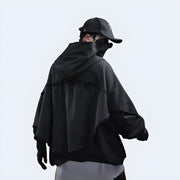 Man wearing black techwear hoodie double layered decoration