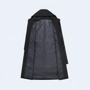 Unisex wearing black techwear trench coat turn-down collar style