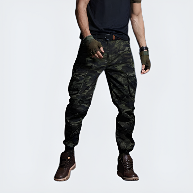 Unisex wearing green tactical pants with straight leg