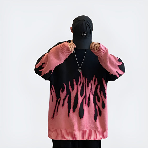 Man wearing pink flame sweater pullovers