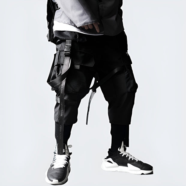 Man in Japanese Style Black Techwear Pants Scarlxrd with straps