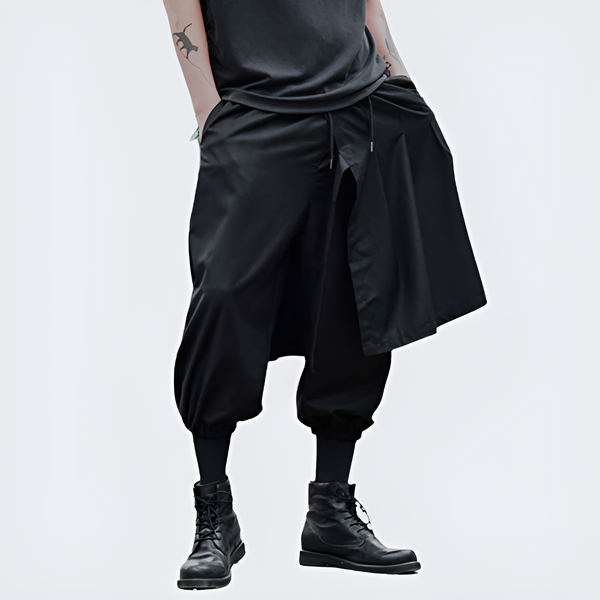 Man in Wearing Black Ninja Pants Techwear UK Front Side View grande