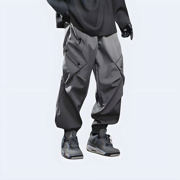 Dark Grey cargo pants made from power stretch material.