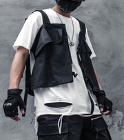 Techwear collarless vest black unisex wearing 