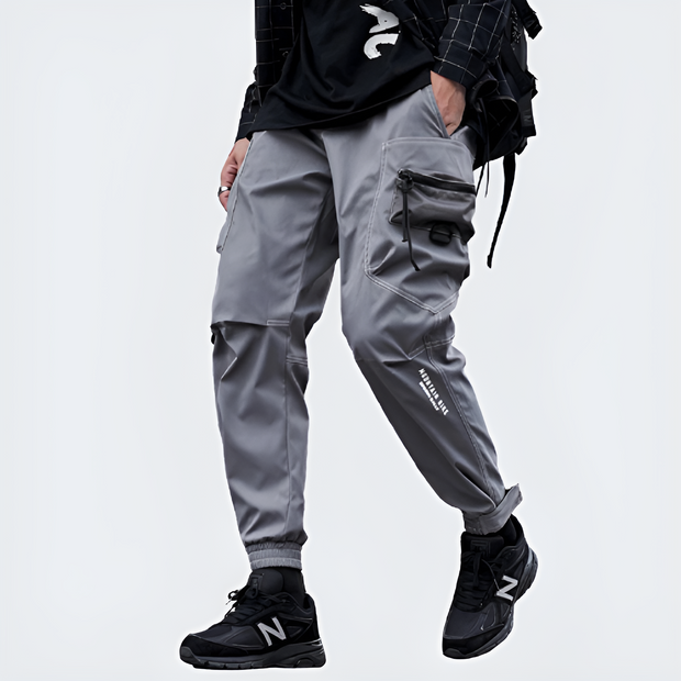 Grey techwear pants multiple pockets on both sides