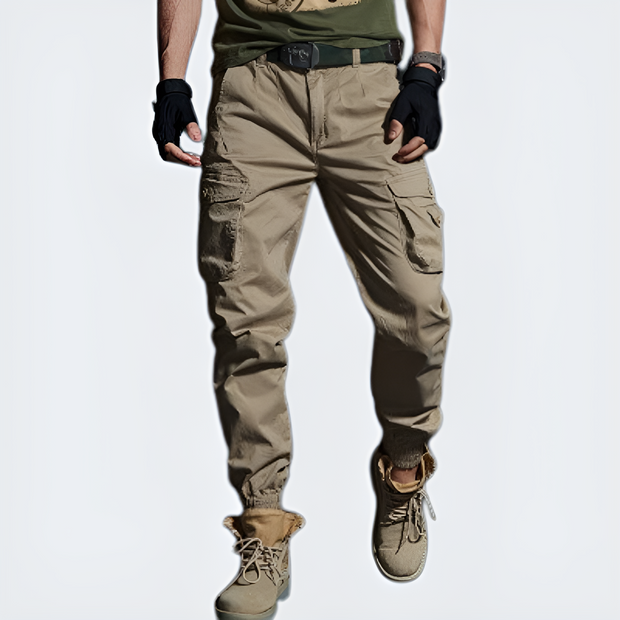 Unisex wearing khaki tactical pants straight leg