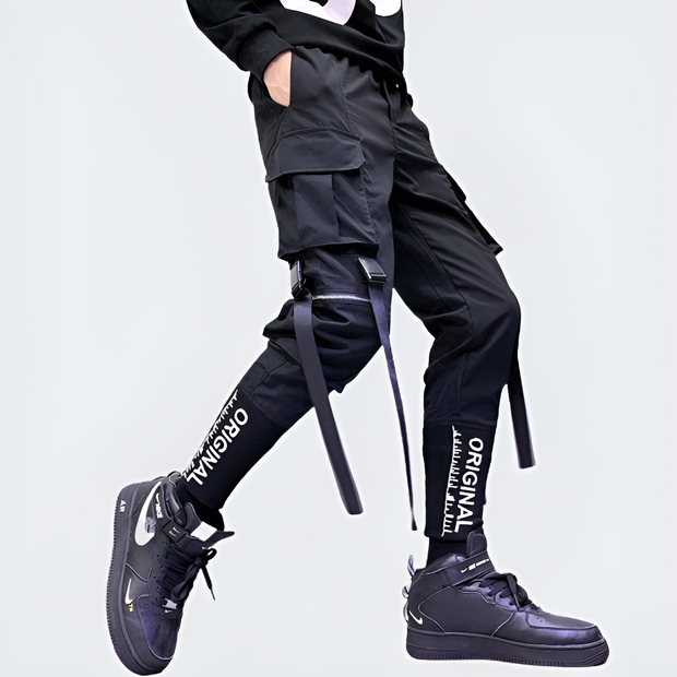 Man wearing Japanese style Black Techwear Pants Straps