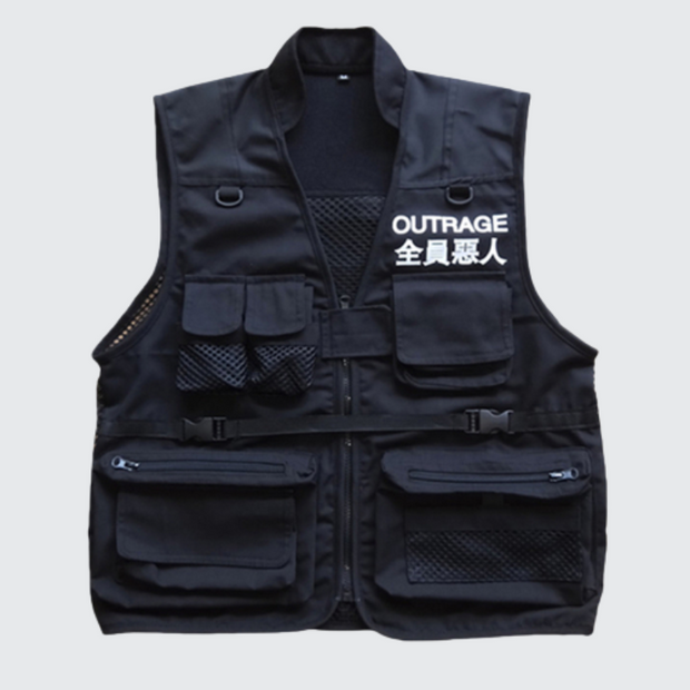 Outrage techwear vest zipper & Japanese kanji embroidery on front