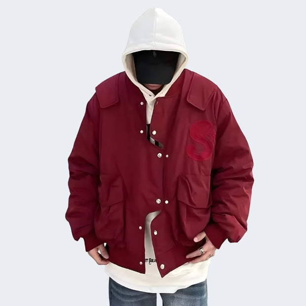 Man wearing red cargo jackets multiple pockets decoration