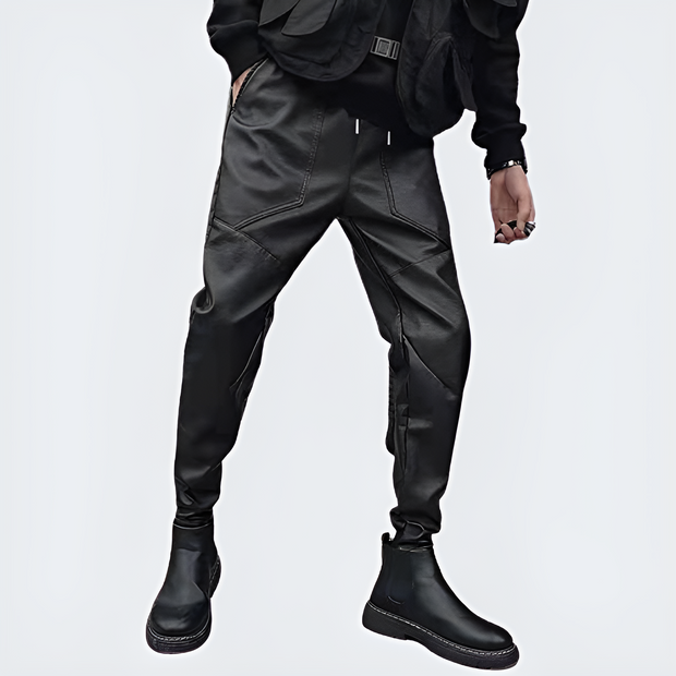 Man wearing black techwear waterproof pants elastic Waist right side