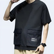 Men’s Techwear T-shirt with 3M reflective buckle, multi pockets, and ribbon design – Functional urban streetwear style ideal for night visibility and futuristic fashion in techwear outfits.