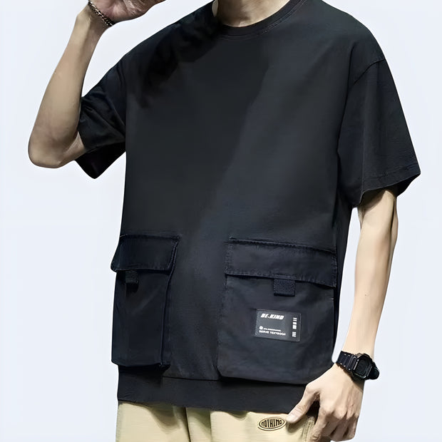 Men’s Techwear T-shirt with 3M reflective buckle, multi pockets, and ribbon design – Functional urban streetwear style ideal for night visibility and futuristic fashion in techwear outfits.