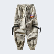 Camo cargo pants with buckle closure and multiple pockets
