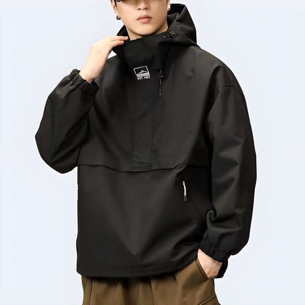 Techwear hoodie, front and side view, urban streetwear style, comfortable and modern, available in the UK