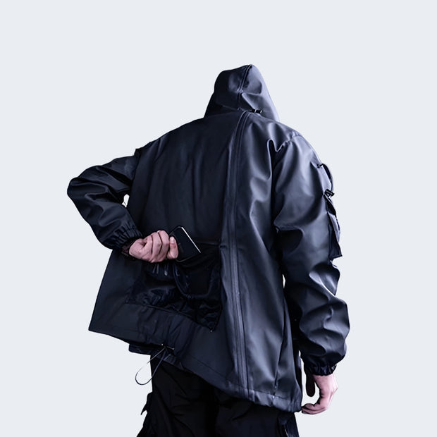 Black techwear jacket comes with hood multi pockets back view