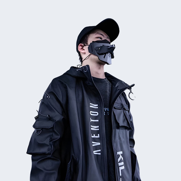 Man wearing black techwear jacket with hood zipper closure