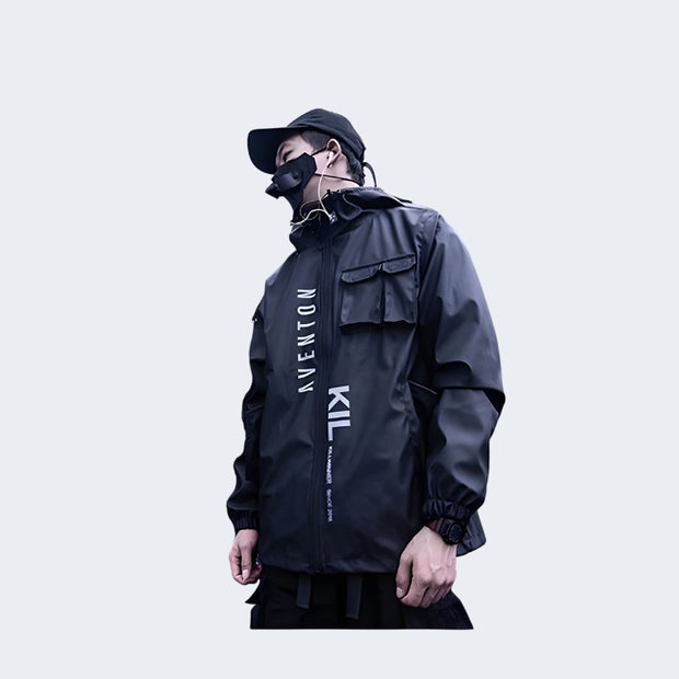 Man wearing black techwear jacket with hood multiple layers decoration