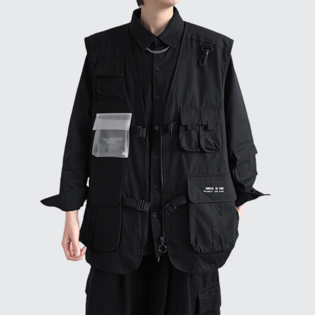 Techwear multi pocket waistcoat black zipper closure