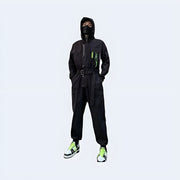 11 BYBB S DARK hooded cargo jumpsuit for men, multi-pocket design, Harajuku hip-hop style with sashes.