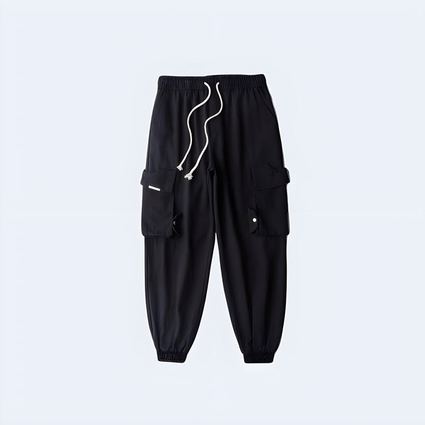 Unisex wearing black big multi pocket techwear baggy pants