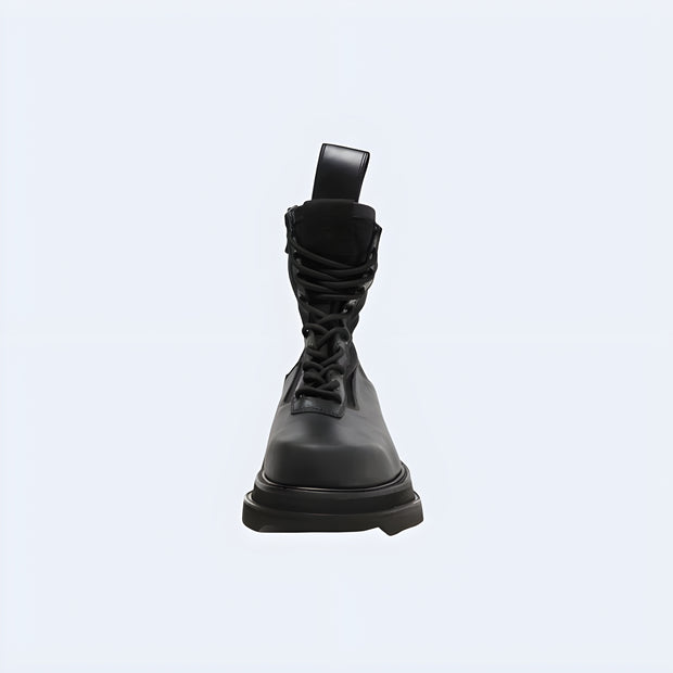 Black Techwear UK boots front view – men’s streetwear footwear with chunky sole, lace-up design, and futuristic urban style