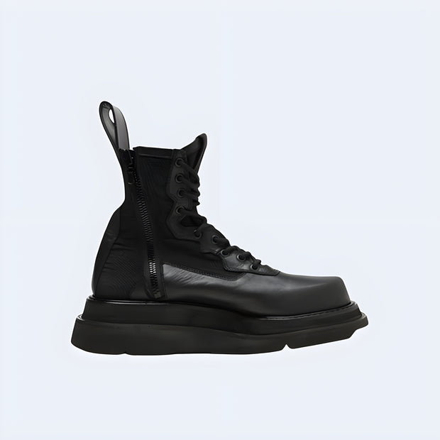 Black techwear boots side view – men’s urban streetwear footwear with chunky sole, lace-up design, and futuristic style, Techwear UK