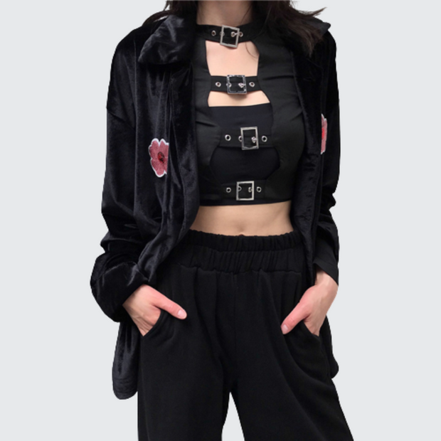 Black crop top with belt long sleeve goth top