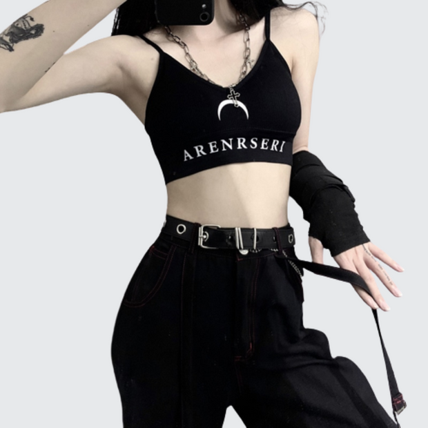 Women wearing black goth cami sleeveless style top