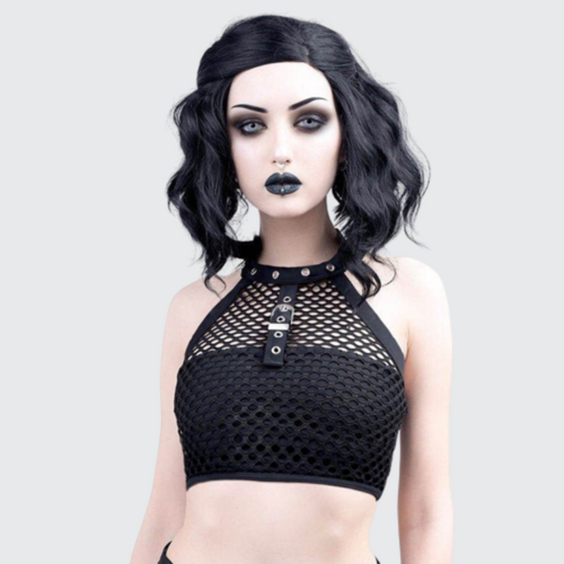 Women wearing black gothic fishnet hollow out tank top style