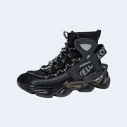 Men wearing black sneakers lace up closure