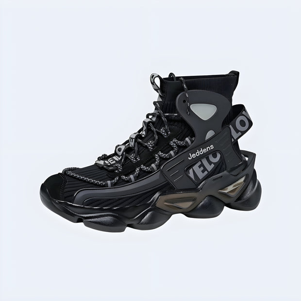 Men wearing black sneakers lace up closure