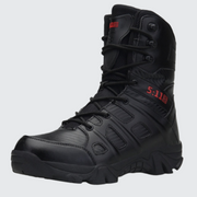 Unisex wearing  black plateform boots with rubber outsole